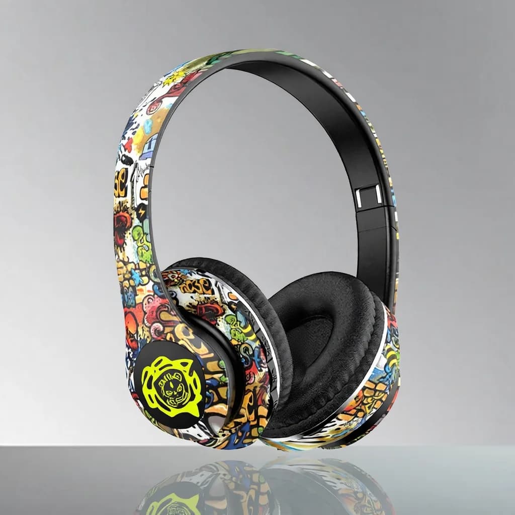 Căști wireless Bluetooth over-ear, design graffiti, pliabile