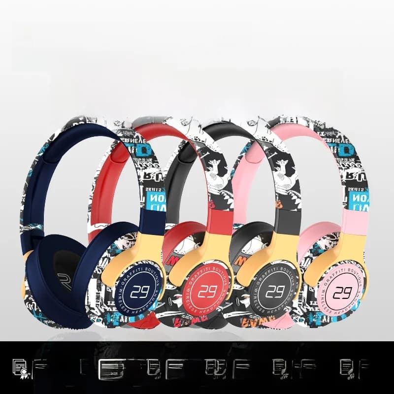 Căști wireless over-ear pictate cu radio FM și design pliabil