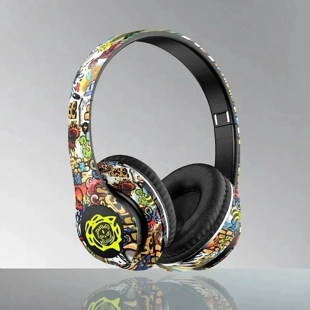 Căști wireless Bluetooth over-ear, design graffiti, pliabile