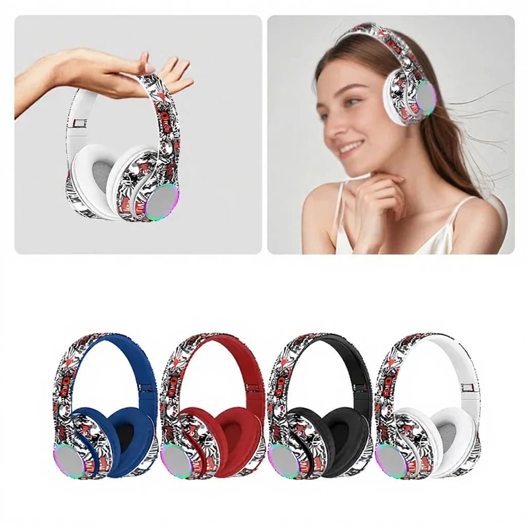 Căști Bluetooth over-ear graffiti cu lumini LED și bass profund