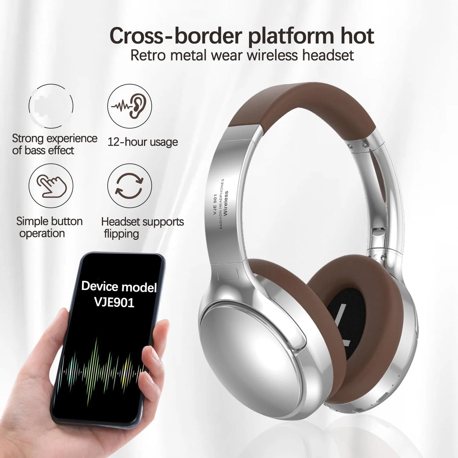 Căști wireless Bluetooth retro over-ear stereo cu microfon