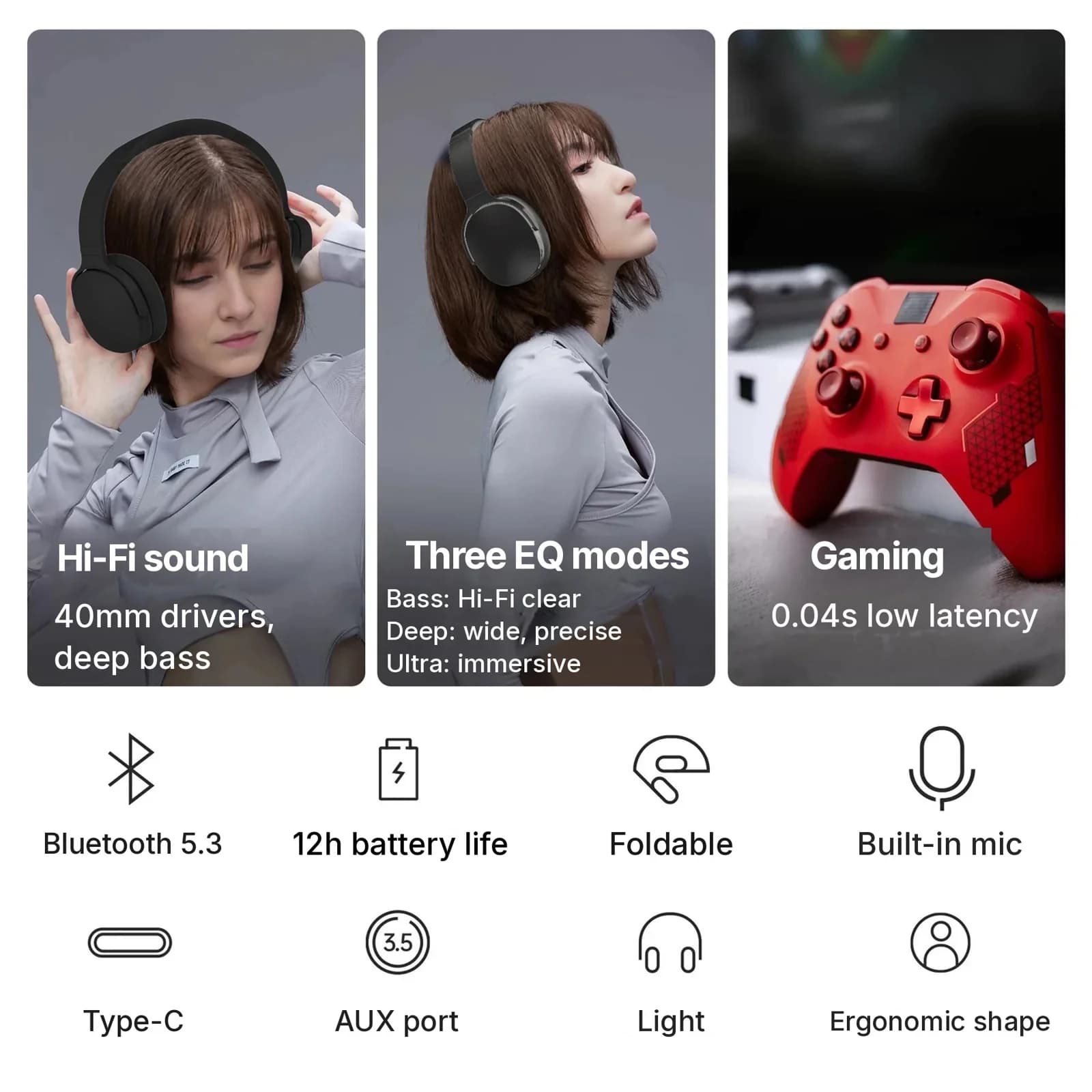 Căști Bluetooth wireless over-ear cu trei moduri EQ și microfon