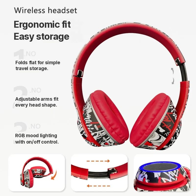 Căști Bluetooth over-ear graffiti cu lumini LED și bass profund