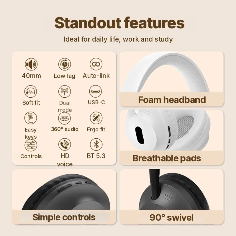 Căști wireless Bluetooth over-ear cu microfon și cablu audio 3.5mm