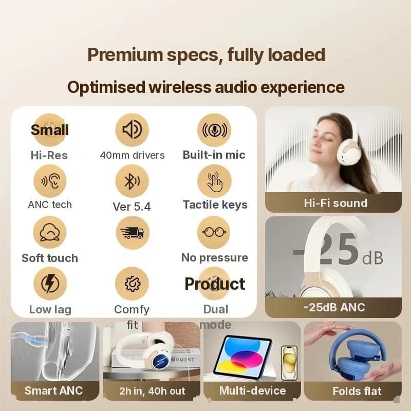 Căști wireless over-ear cu anulare activă a zgomotului și autonomie 35h