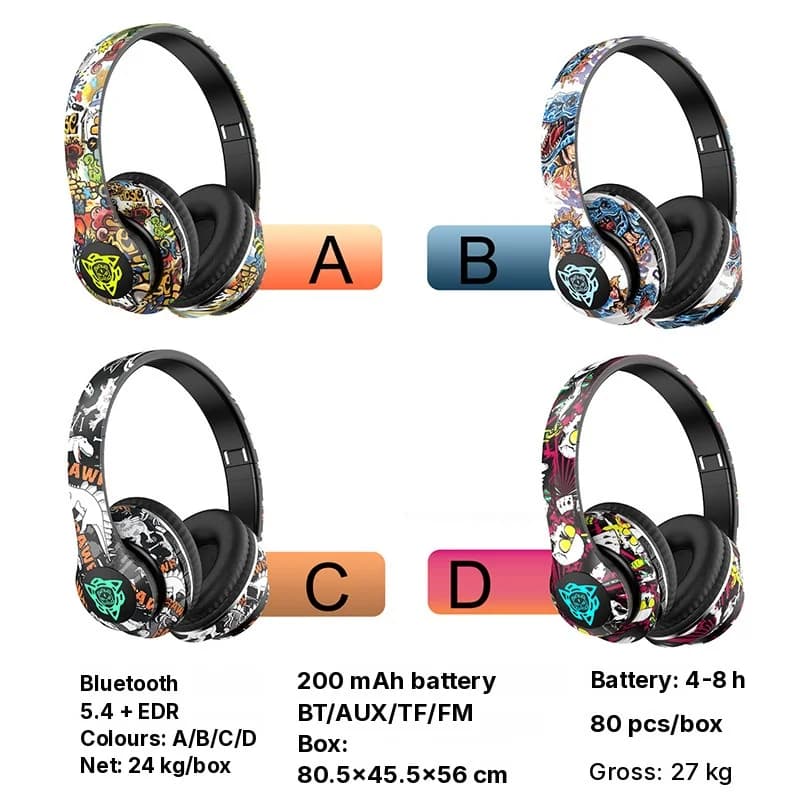 Căști wireless Bluetooth over-ear, design graffiti, pliabile