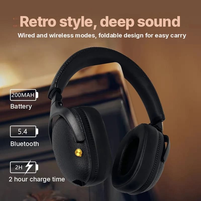 Căști wireless over-ear retro cu încărcare Type-C și slot card TF
