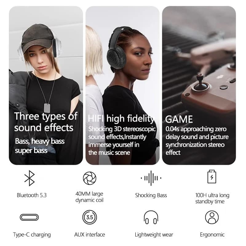 Căști Bluetooth wireless over-ear cu radio FM și reducere a zgomotului